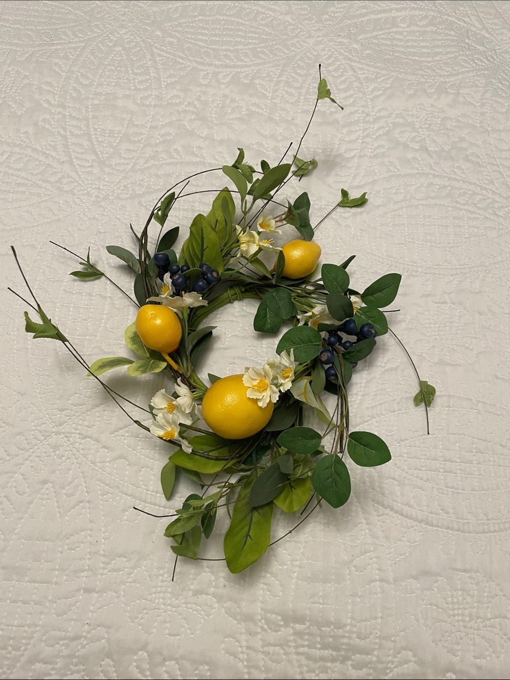 Lemons & Blueberries Wreath or Candle Ring with White Flowers & Greenery
